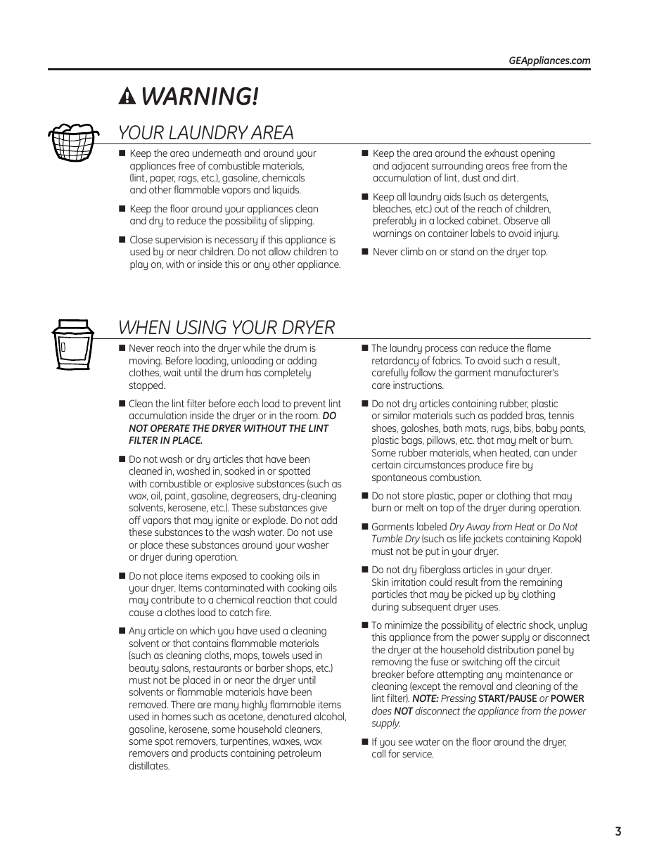 Warning, Yourlaundryarea, Whenusingyourdryer | GE PFMN445 User Manual | Page 3 / 156