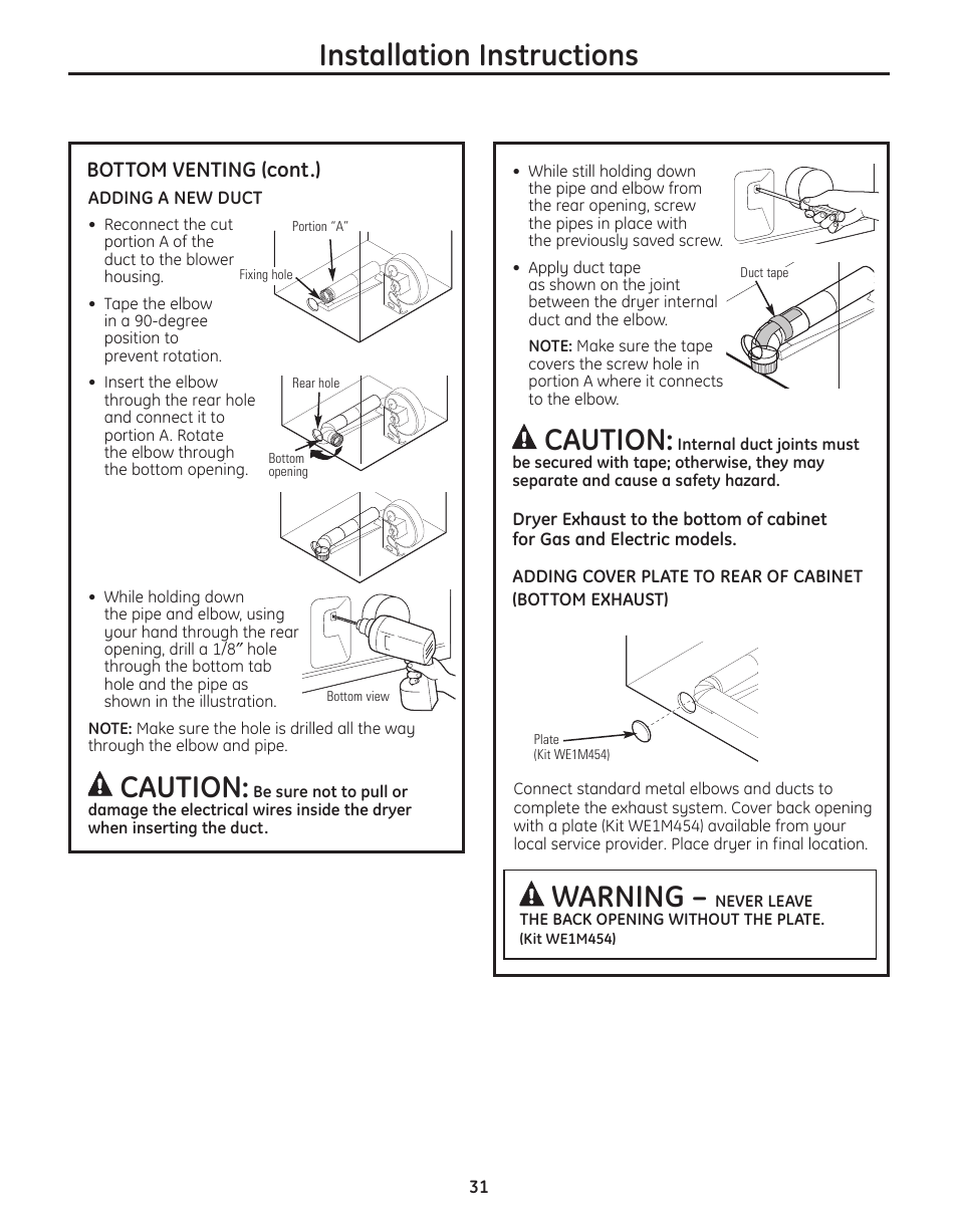 Warning, Installation instructions, Caution | GE PFMN445 User Manual | Page 31 / 156