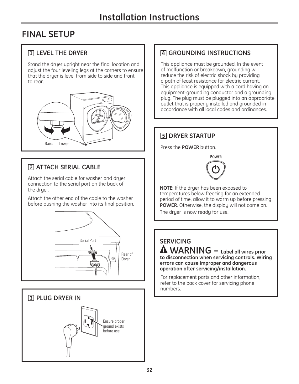 Final setup, Installation instructions, Warning | GE PFMN445 User Manual | Page 32 / 156