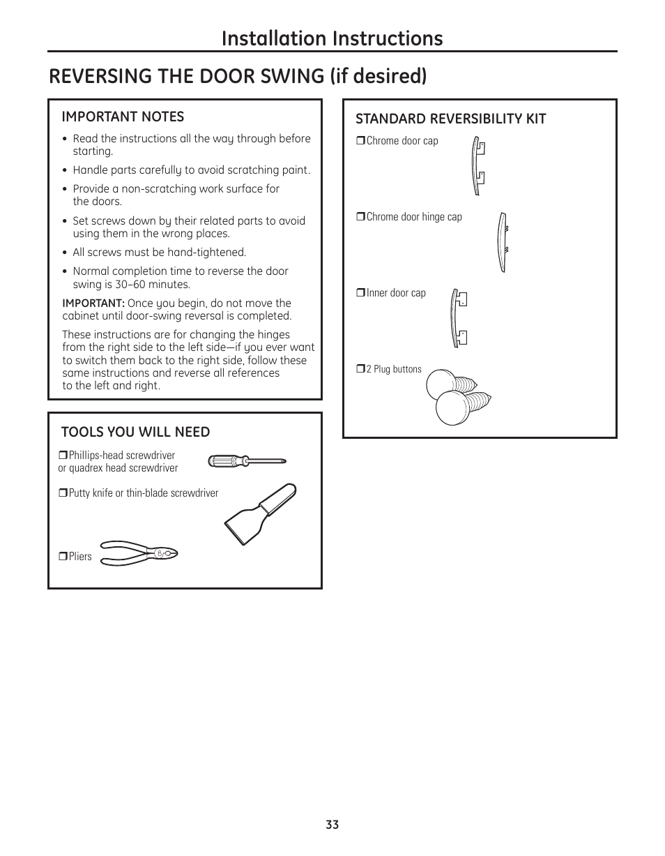 Reversing the door swing –39 | GE PFMN445 User Manual | Page 33 / 156