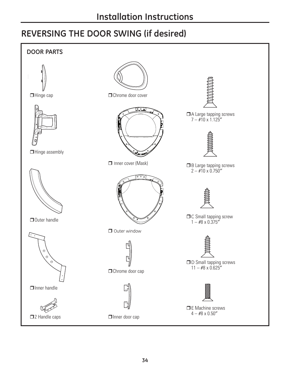 Reversing the door swing (if desired), Installation instructions | GE PFMN445 User Manual | Page 34 / 156