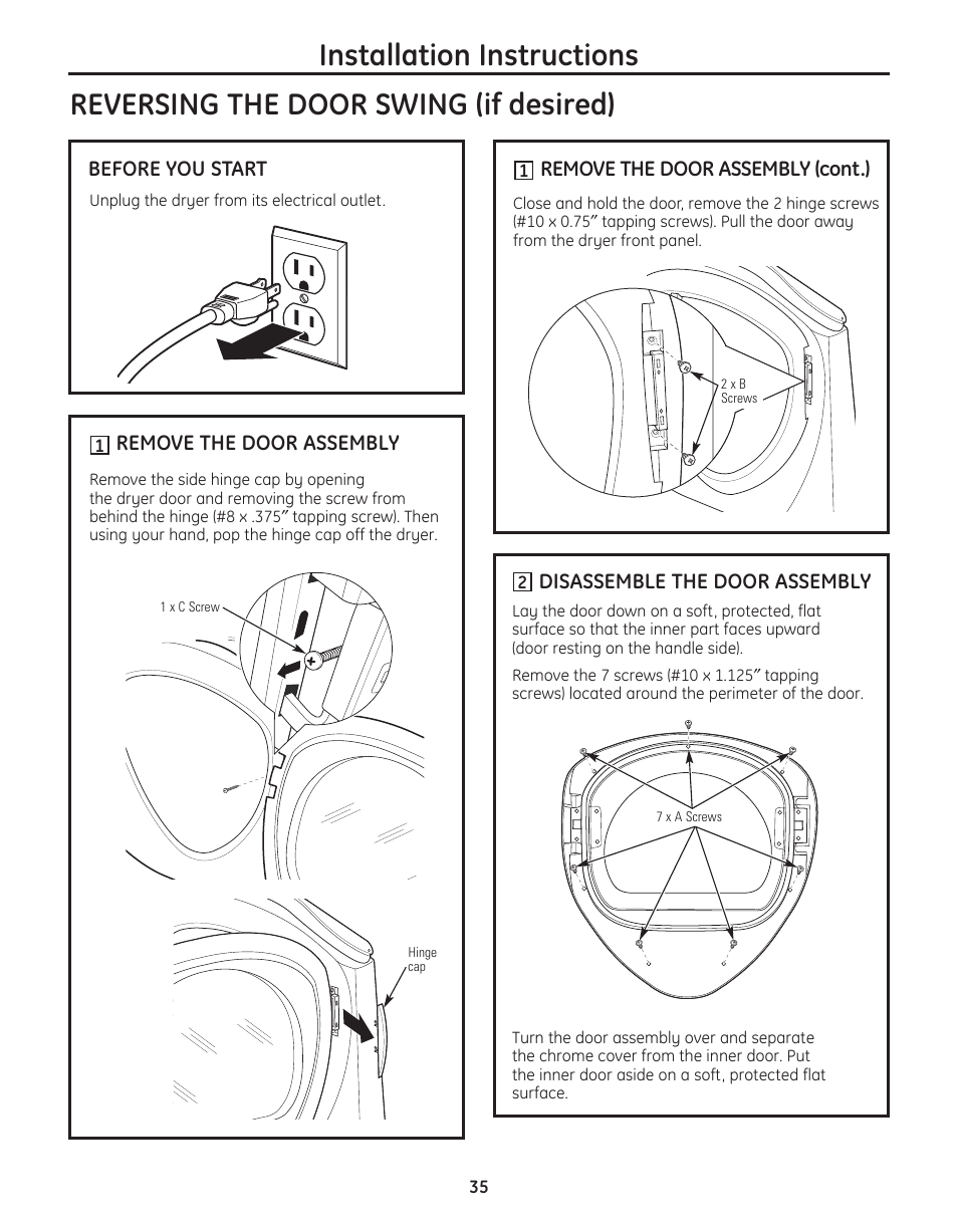 Installation instructions, Reversing the door swing (if desired) | GE PFMN445 User Manual | Page 35 / 156