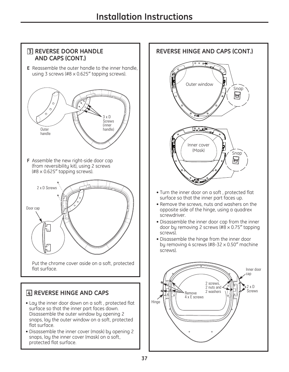 Installation instructions, Reverse door handle and caps (cont.), Reverse hinge and caps (cont.) | Reverse hinge and caps | GE PFMN445 User Manual | Page 37 / 156