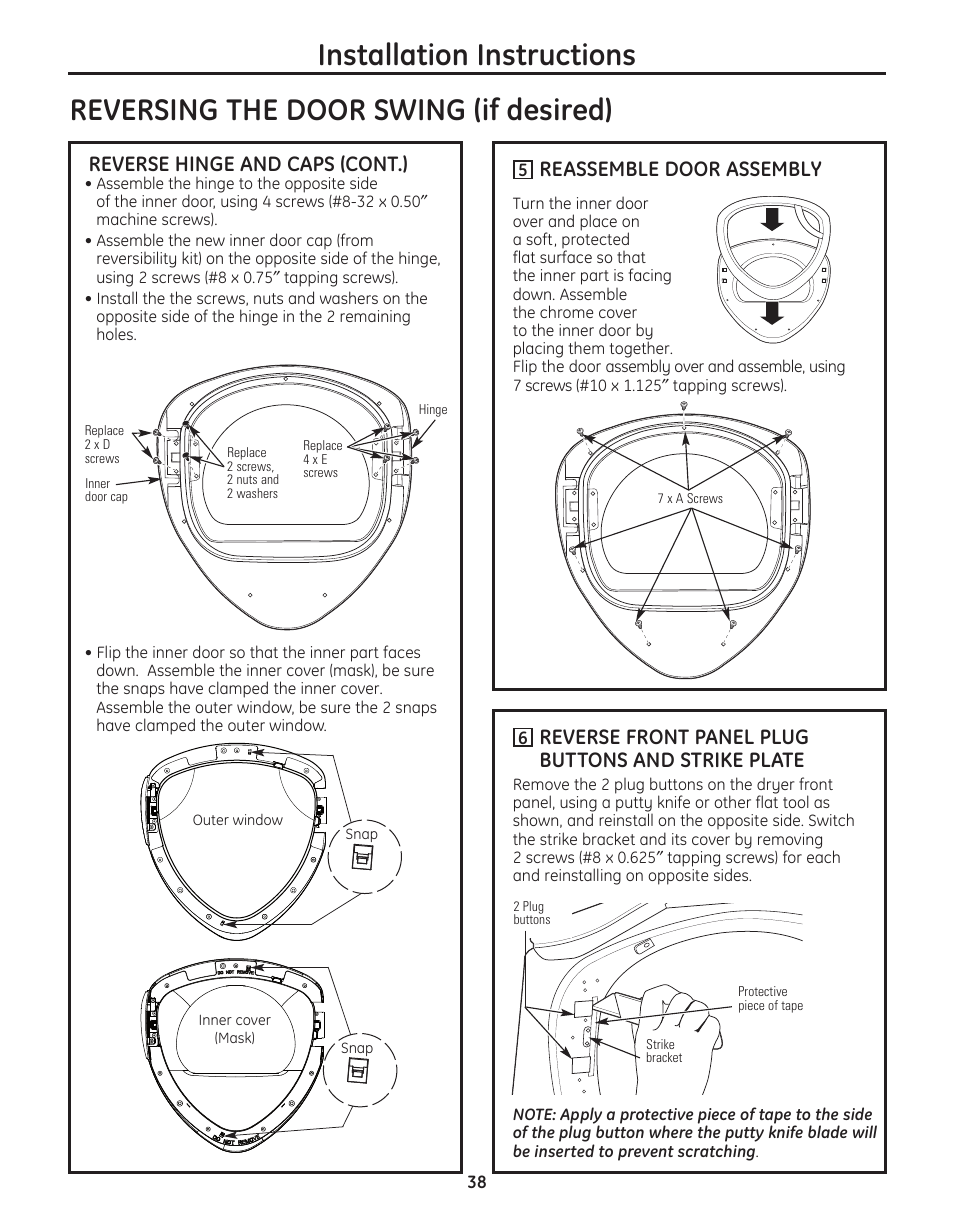 Installation instructions, Reversing the door swing (if desired), Reassemble door assembly | Reverse front panel plug buttons and strike plate, Reverse hinge and caps (cont.) | GE PFMN445 User Manual | Page 38 / 156