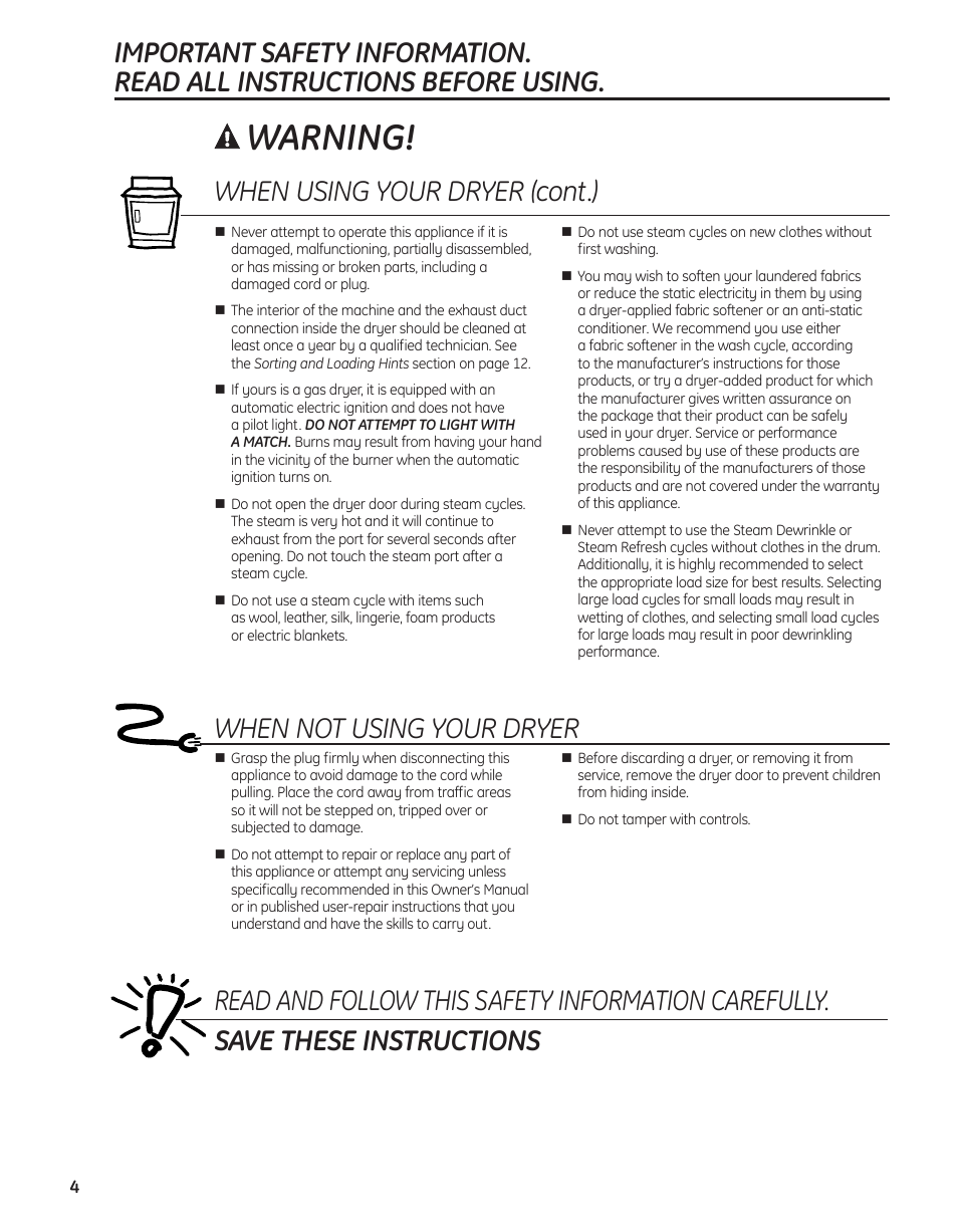 Warning, Whennotusingyourdryer, Whenusingyourdryer(cont.) | GE PFMN445 User Manual | Page 4 / 156
