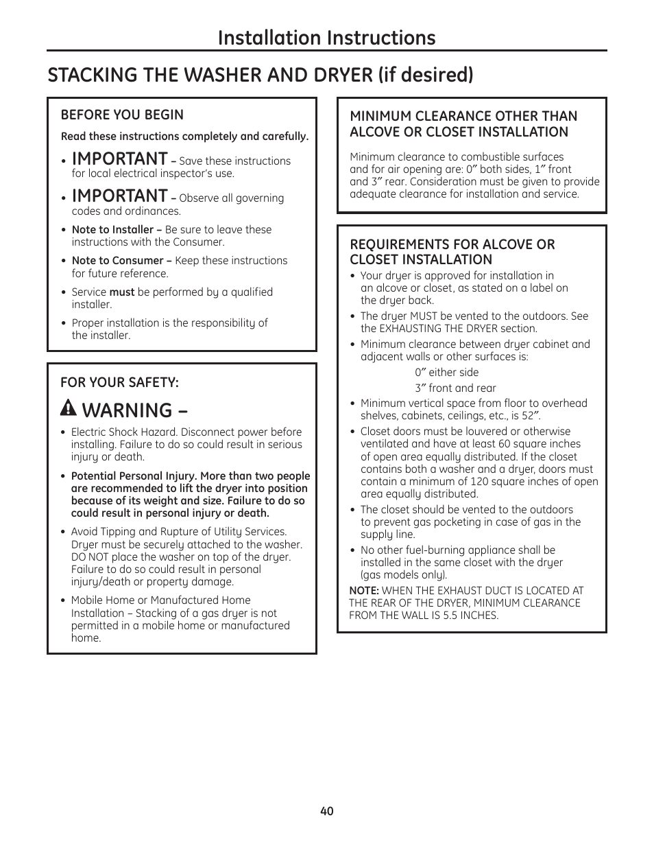 Stacking the washer and dryer –42, Stacking the washer and dryer (if desired), Warning | Installation instructions, Important | GE PFMN445 User Manual | Page 40 / 156