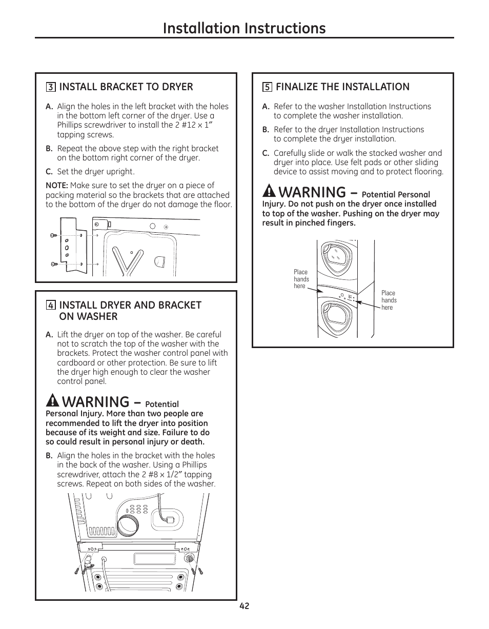 Warning, Installation instructions | GE PFMN445 User Manual | Page 42 / 156