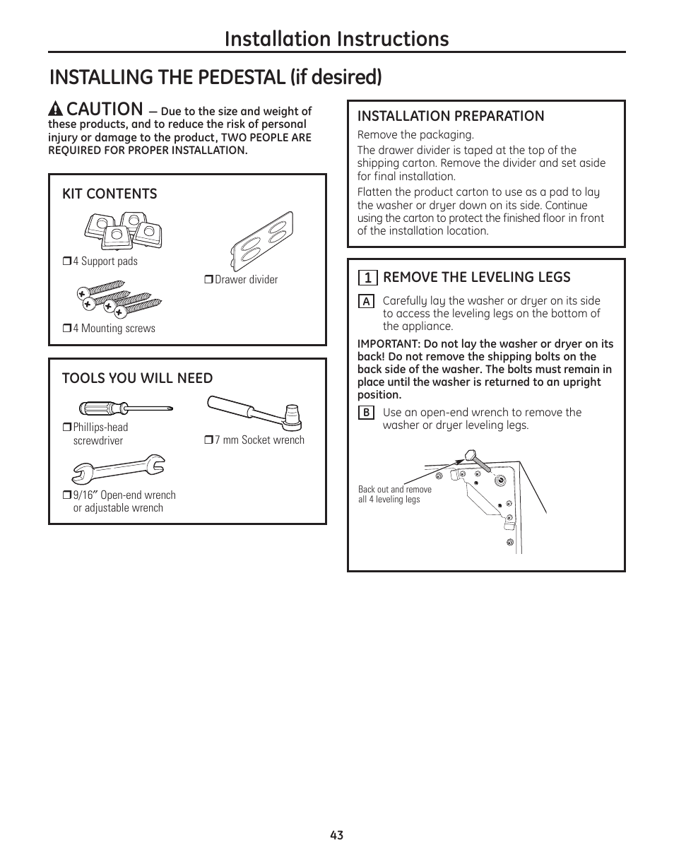 Installing the pedestal –45, Installation instructions, Installing the pedestal (if desired) | Caution | GE PFMN445 User Manual | Page 43 / 156