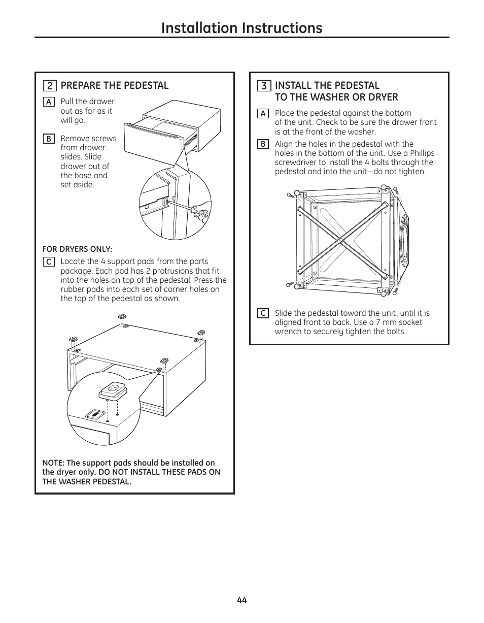 Installation instructions | GE PFMN445 User Manual | Page 44 / 156