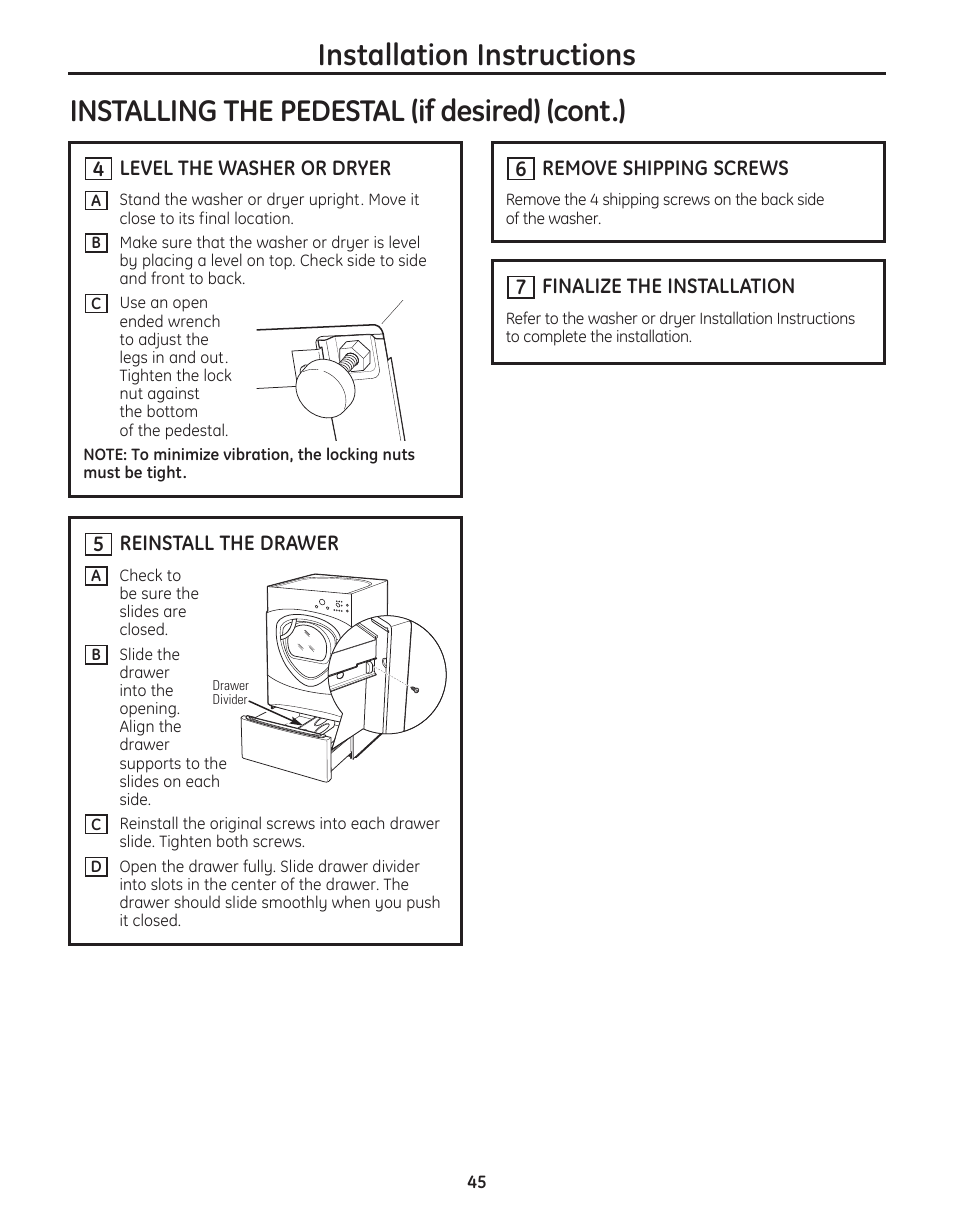 Installation instructions, Installing the pedestal (if desired) (cont.) | GE PFMN445 User Manual | Page 45 / 156