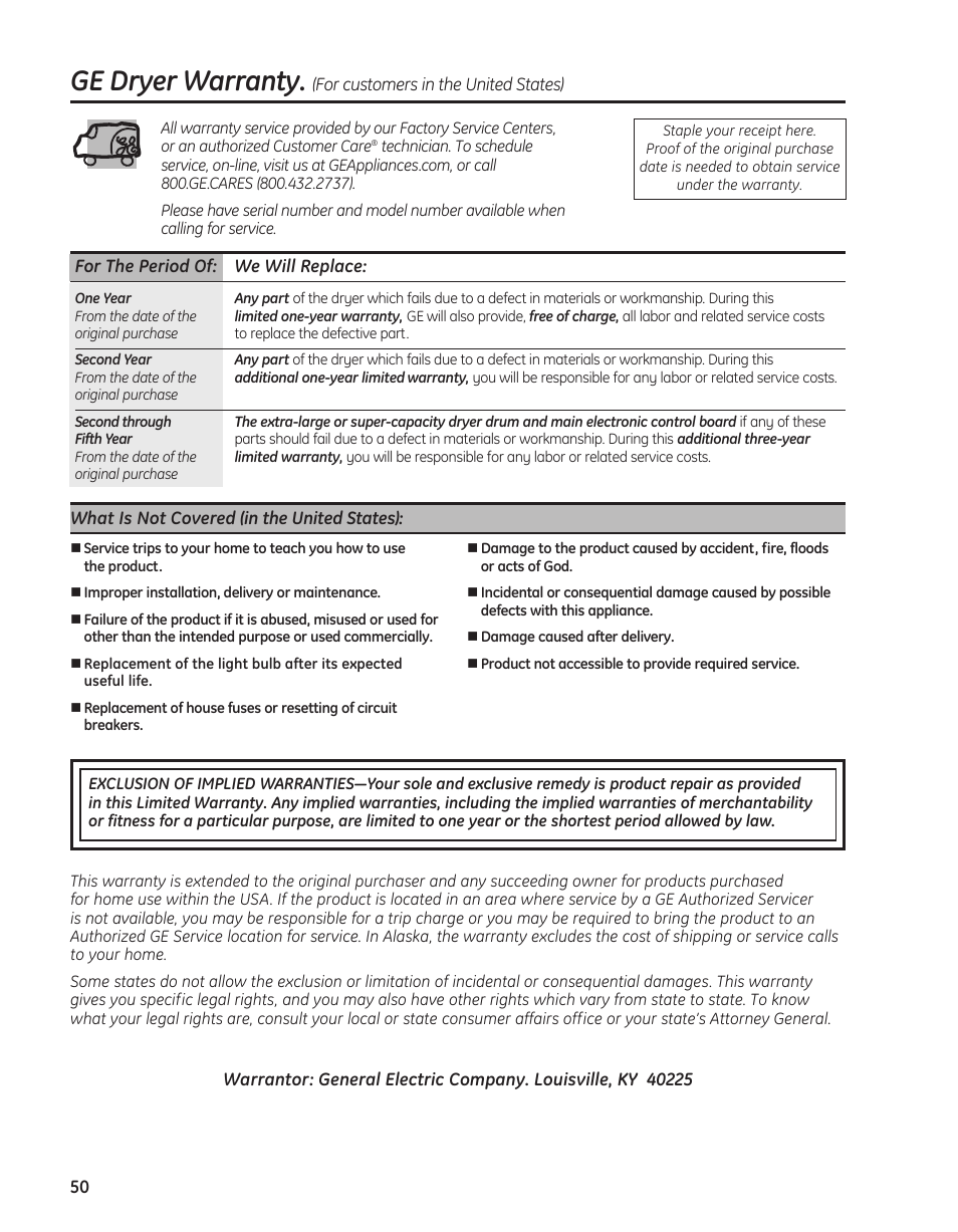 Warranty (u.s.), Ge dryer warranty | GE PFMN445 User Manual | Page 50 / 156