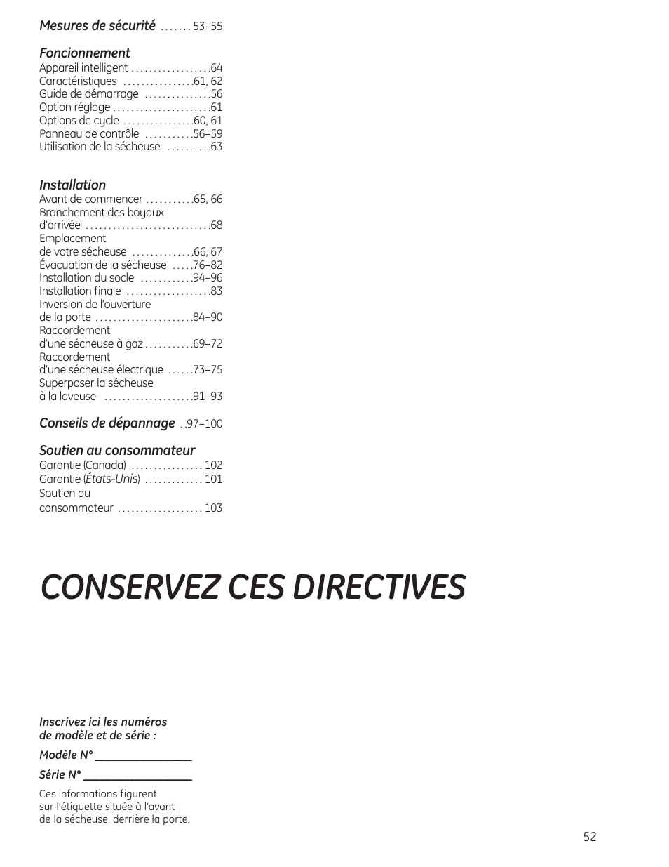 90396 frv09, Conservez ces directives | GE PFMN445 User Manual | Page 52 / 156