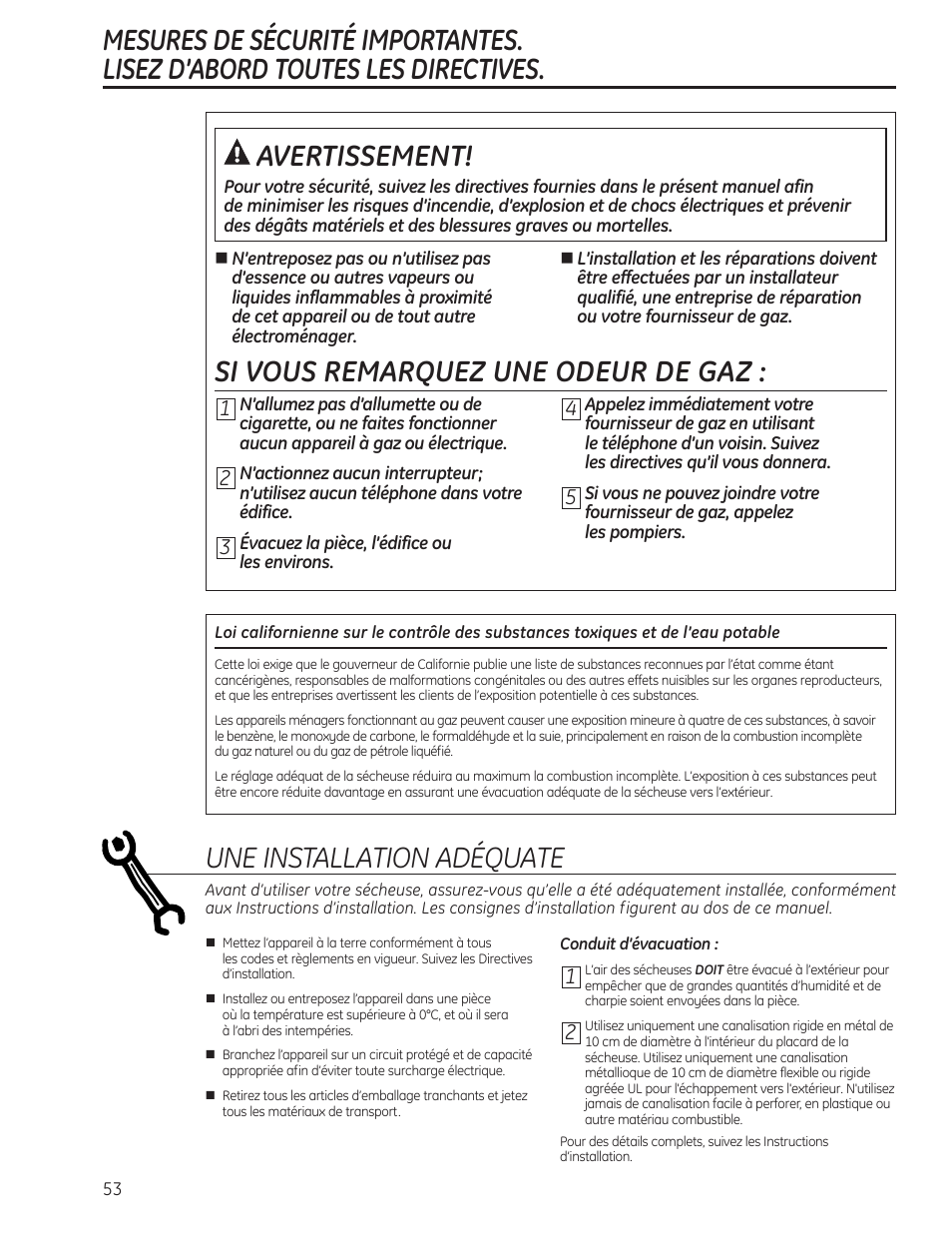 Mesures de sécurité, Si vous remarquez une odeur de gaz, Une installation adéquate | GE PFMN445 User Manual | Page 53 / 156
