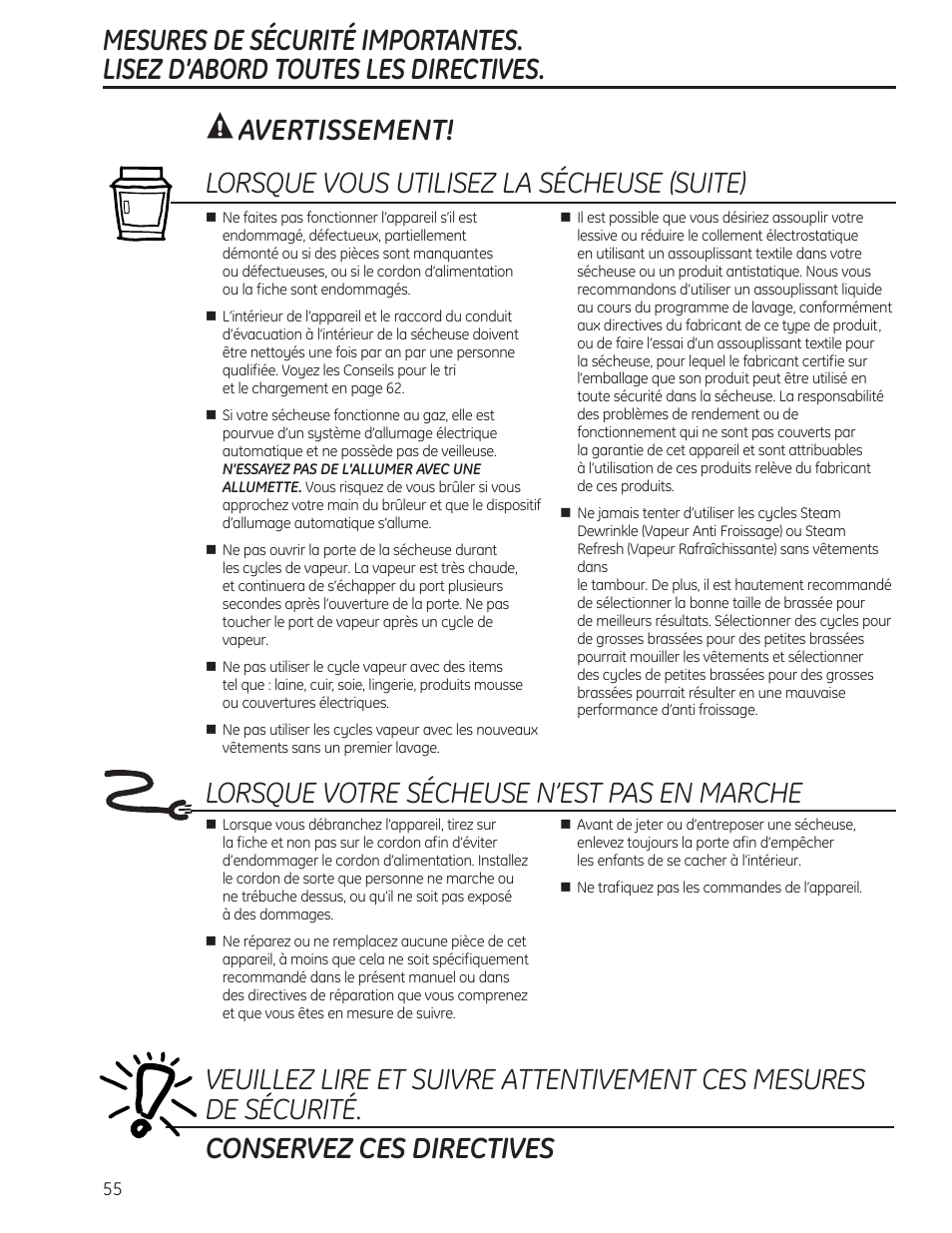 Lorsque votre sécheuse n’est pas en marche | GE PFMN445 User Manual | Page 55 / 156