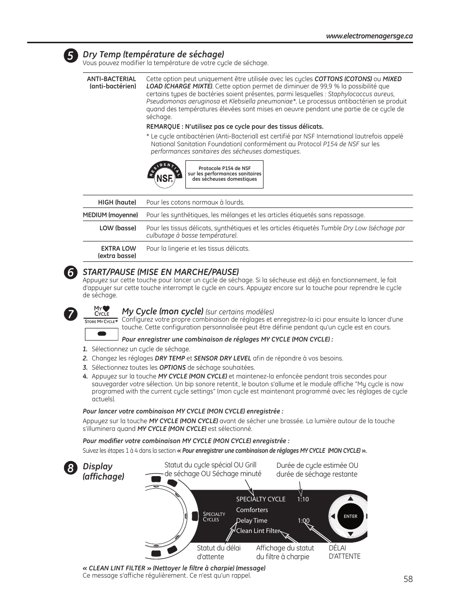 Dry temp (température de séchage), Start/pause (mise en marche/pause), My cycle (mon cycle) | Display (affichage) | GE PFMN445 User Manual | Page 58 / 156