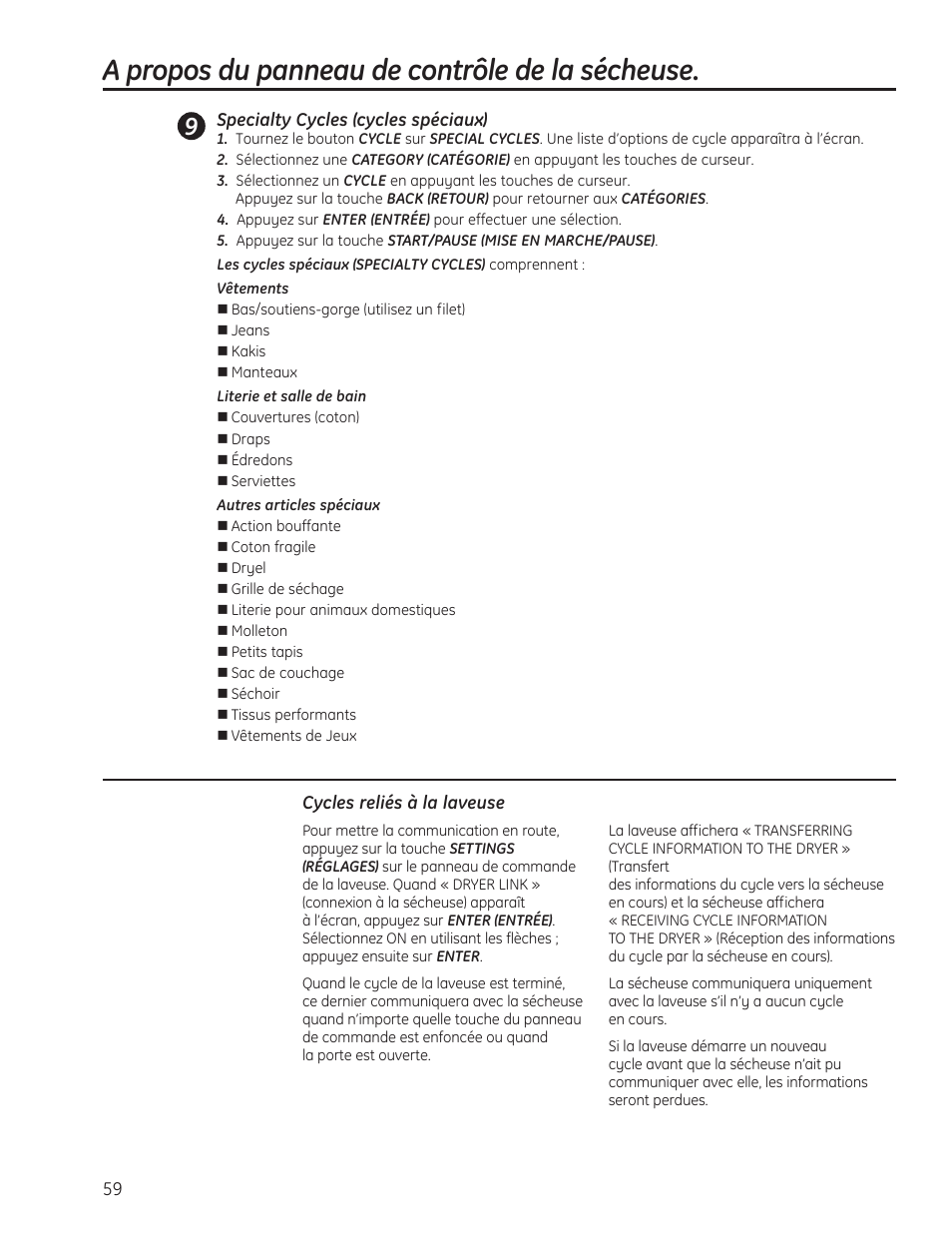 A propos du panneau de contrôle de la sécheuse | GE PFMN445 User Manual | Page 59 / 156