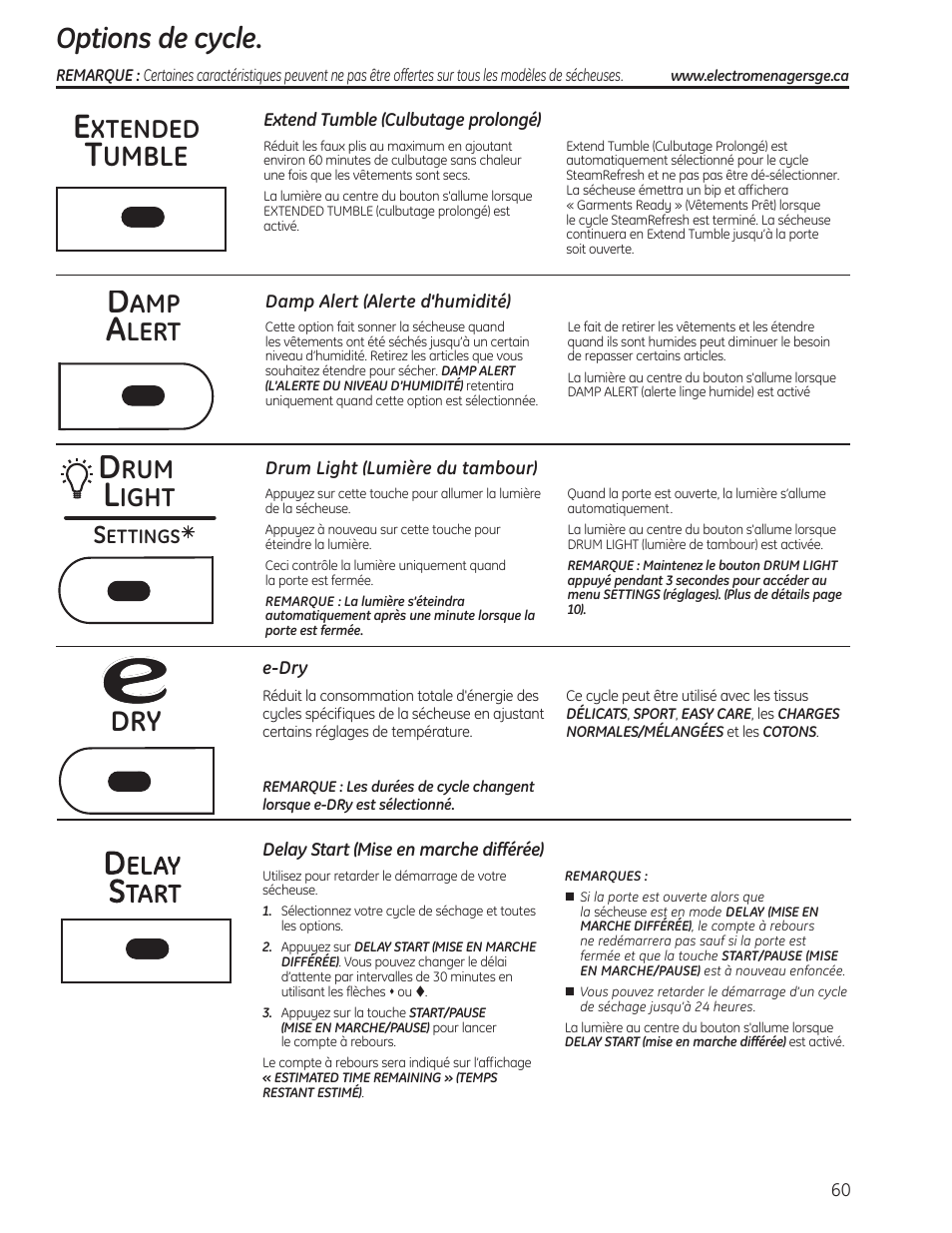 Options de cycle , 61, Options de cycle, Umble | Xtended, Lert, Ight | GE PFMN445 User Manual | Page 60 / 156