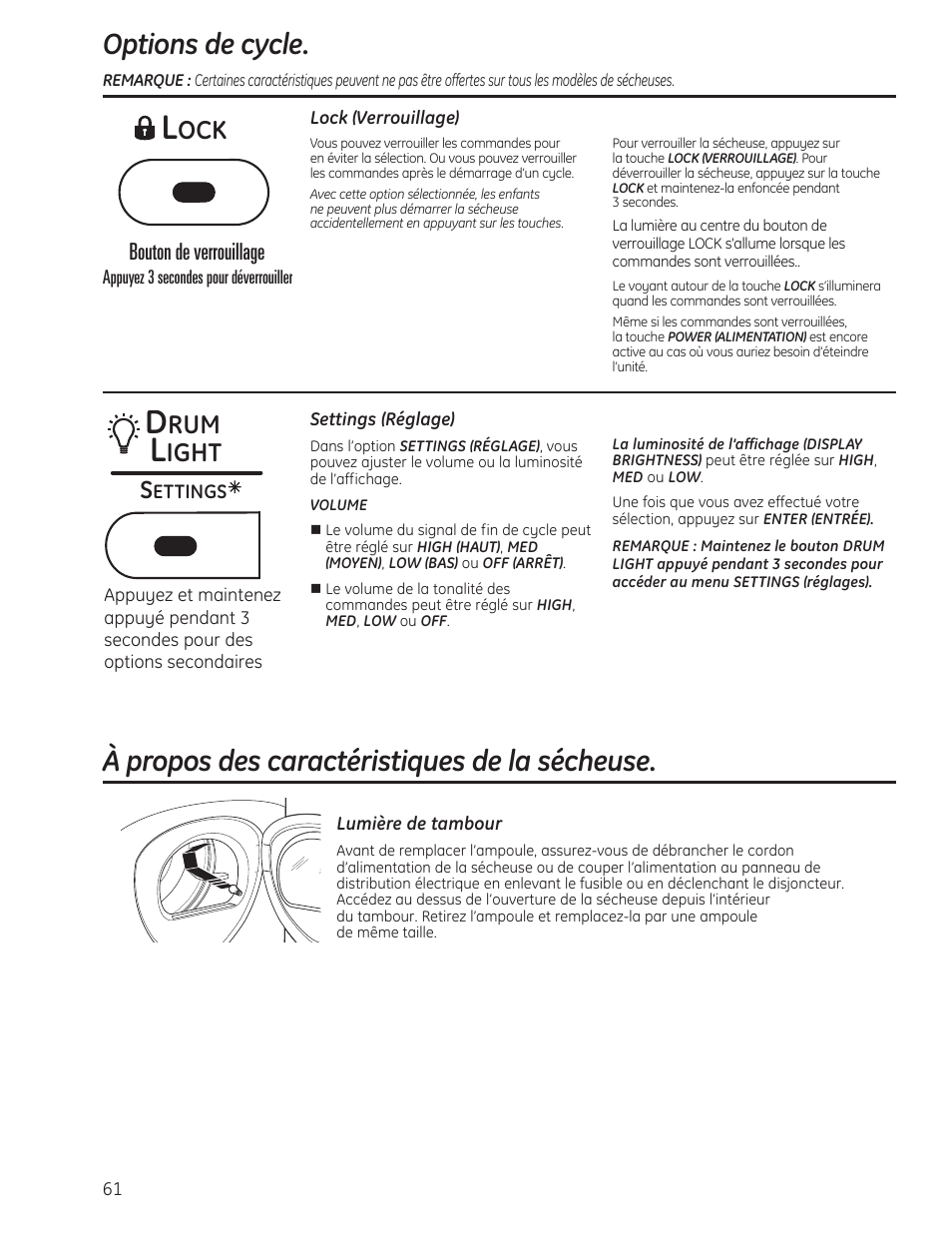 Option réglage, À propos des caractéristiques de la sécheuse, Options de cycle | Ight, Bouton de verrouillage | GE PFMN445 User Manual | Page 61 / 156