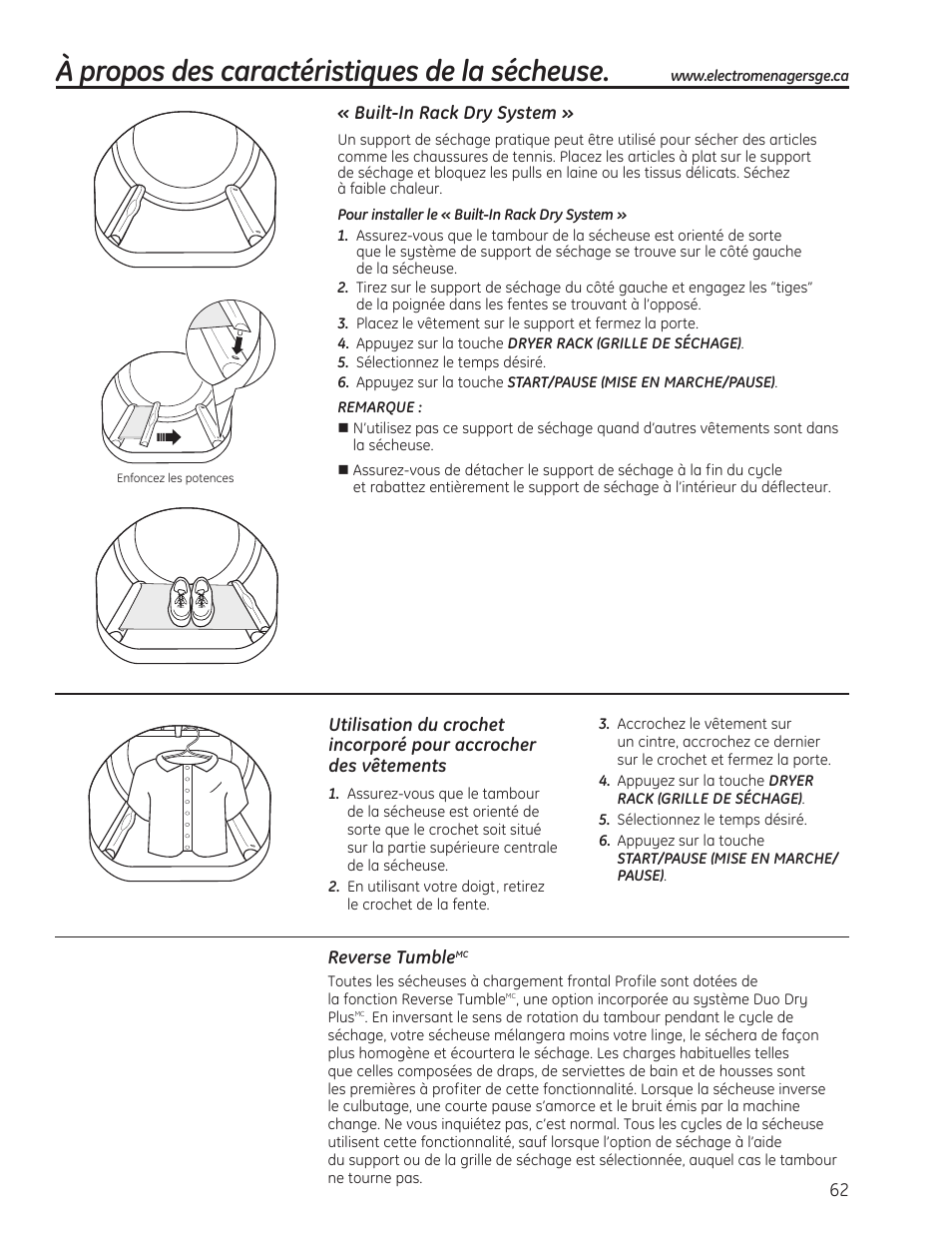 À propos des caractéristiques de la sécheuse | GE PFMN445 User Manual | Page 62 / 156