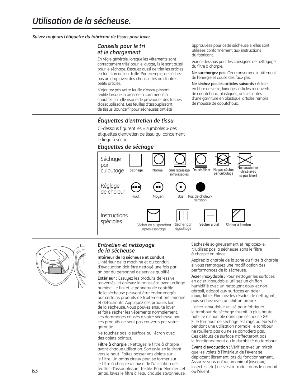 Utilisation de la sécheuse, Tumble dry, Heat setting | Special instructions, Entretien et nettoyage de la sécheuse, Étiquettes d’entretien de tissu | GE PFMN445 User Manual | Page 63 / 156