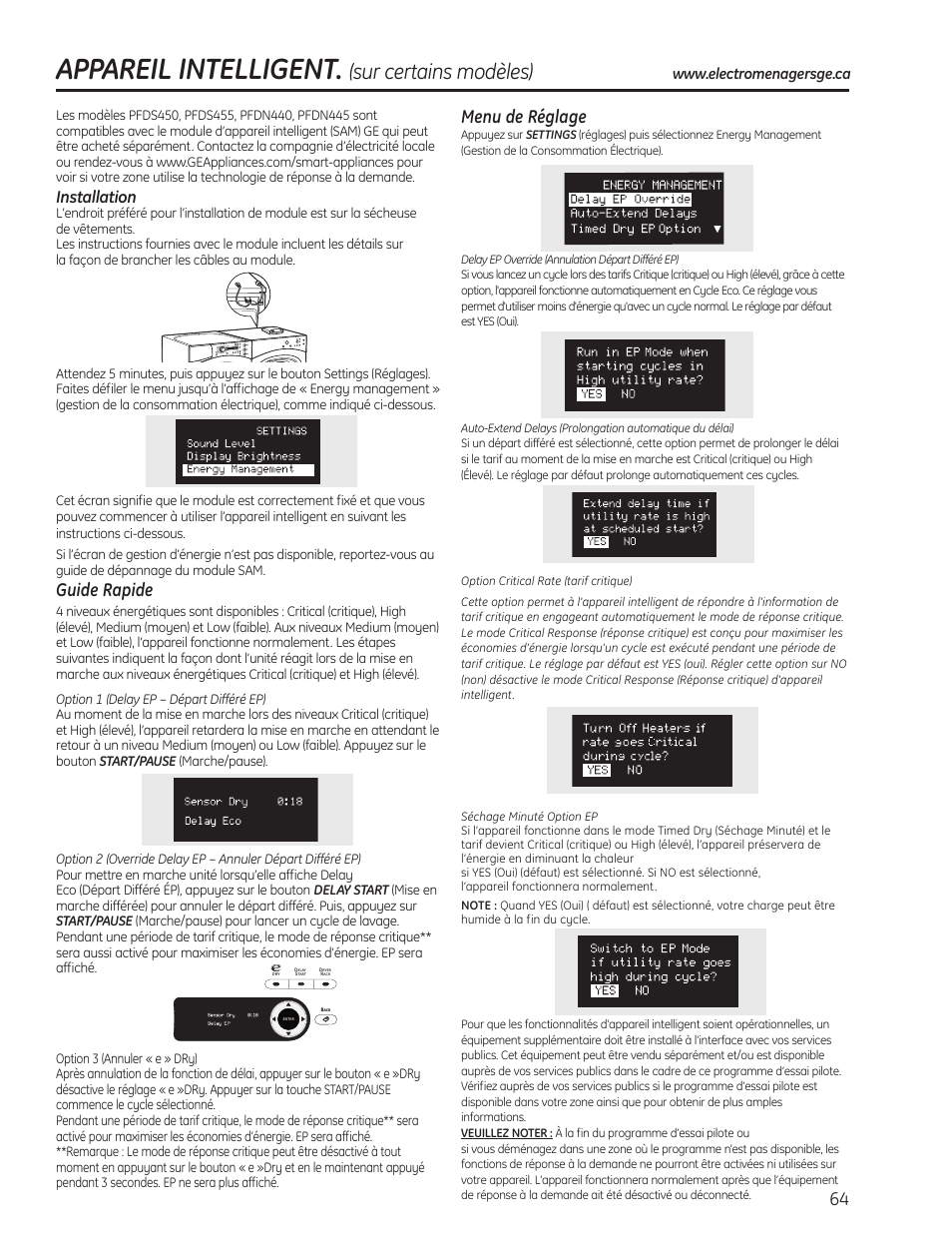 Appareil intelligent, Sur certains modèles), Guide rapide | Menu de réglage, Installation | GE PFMN445 User Manual | Page 64 / 156