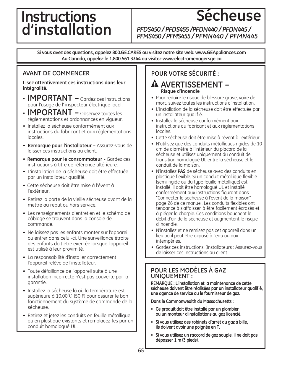 Avant de commencer , 66, Instructions sécheuse d’installation, Important | Avertissement | GE PFMN445 User Manual | Page 65 / 156