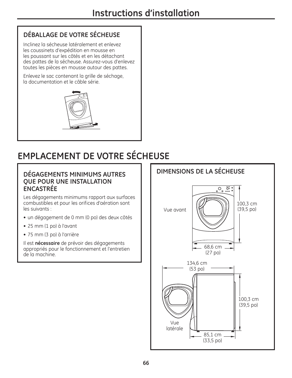 Emplacement, De votre sécheuse , 67, Instructions d’installation | Emplacement de votre sécheuse | GE PFMN445 User Manual | Page 66 / 156