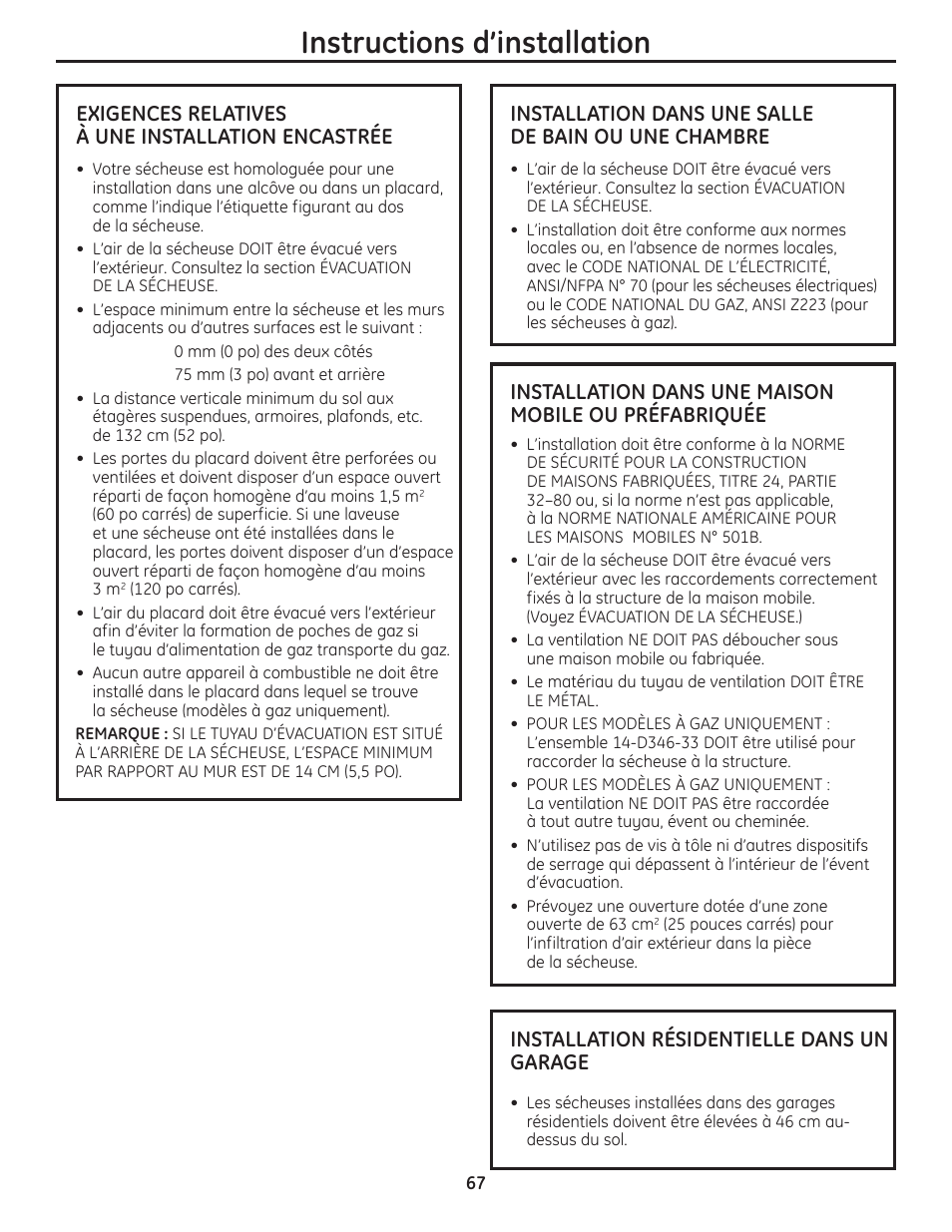 Instructions d’installation, Exigences relatives à une installation encastrée, Installation dans une salle de bain ou une chambre | Installation résidentielle dans un garage | GE PFMN445 User Manual | Page 67 / 156