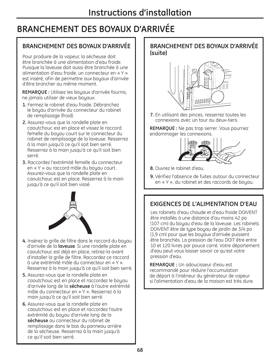 Branchement des boyaux, D‘arrivée | GE PFMN445 User Manual | Page 68 / 156