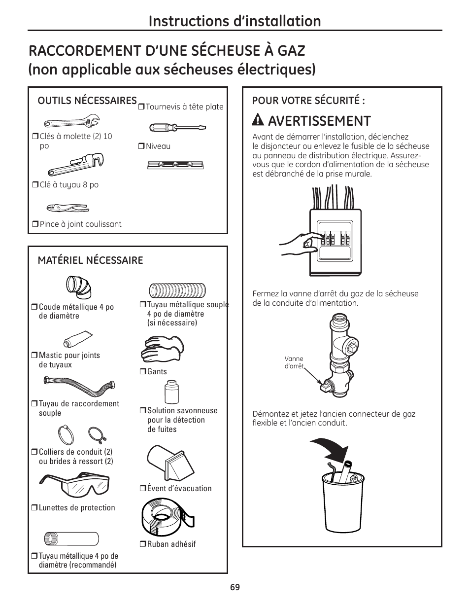 Raccordement, D’une sécheuse à gaz –72, Instructions d’installation | Avertissement | GE PFMN445 User Manual | Page 69 / 156