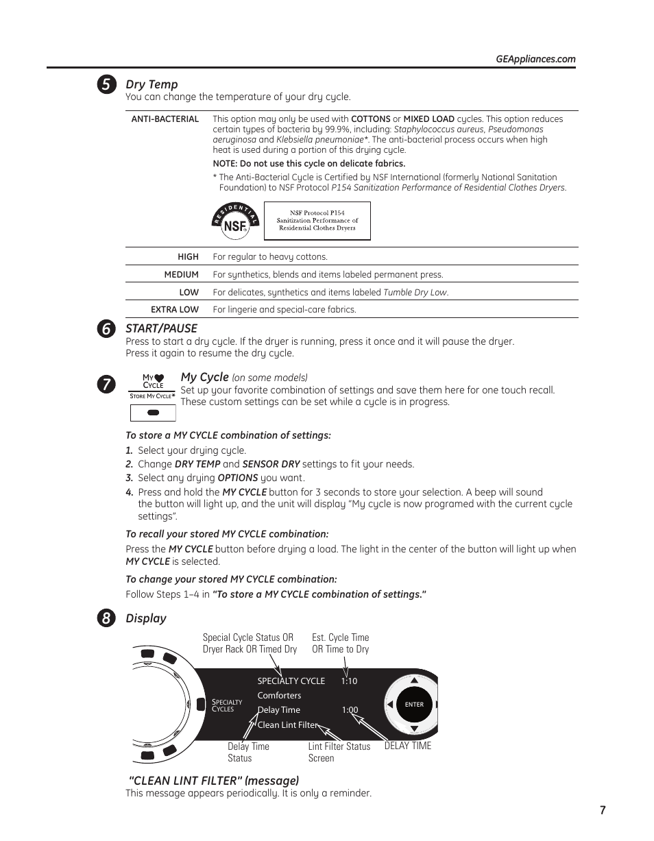 Dry temp, Start/pause, My cycle | Display “clean lint filter” (message) | GE PFMN445 User Manual | Page 7 / 156