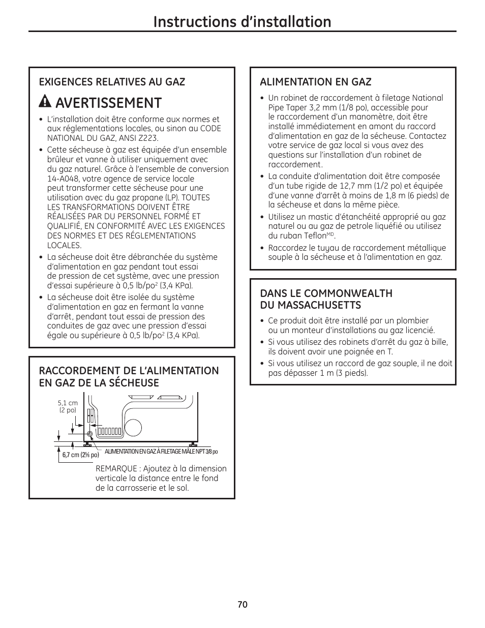 Instructions d’installation, Avertissement, Exigences relatives au gaz | Alimentation en gaz, Dans le commonwealth du massachusetts | GE PFMN445 User Manual | Page 70 / 156