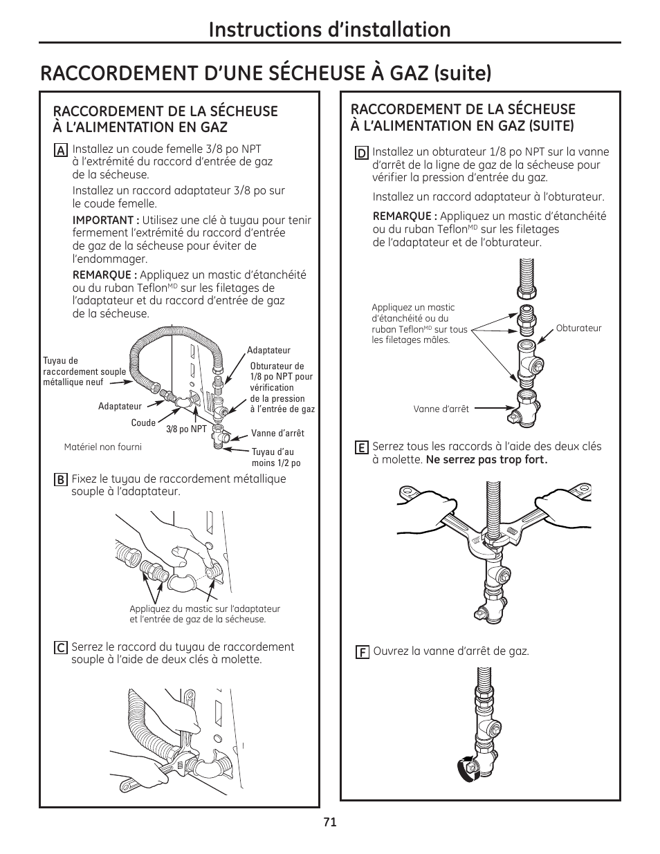 Instructions d’installation, Raccordement d’une sécheuse à gaz (suite) | GE PFMN445 User Manual | Page 71 / 156