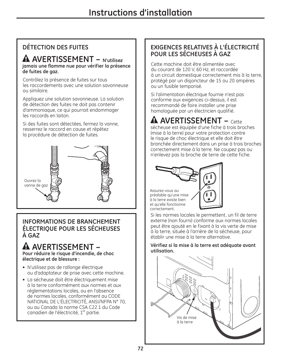 Instructions d’installation, Avertissement | GE PFMN445 User Manual | Page 72 / 156