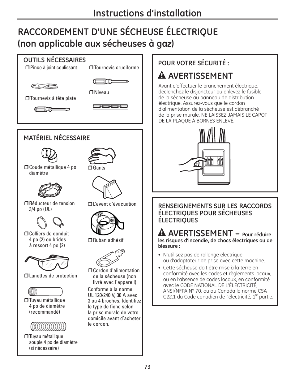 Instructions d’installation, Avertissement | GE PFMN445 User Manual | Page 73 / 156