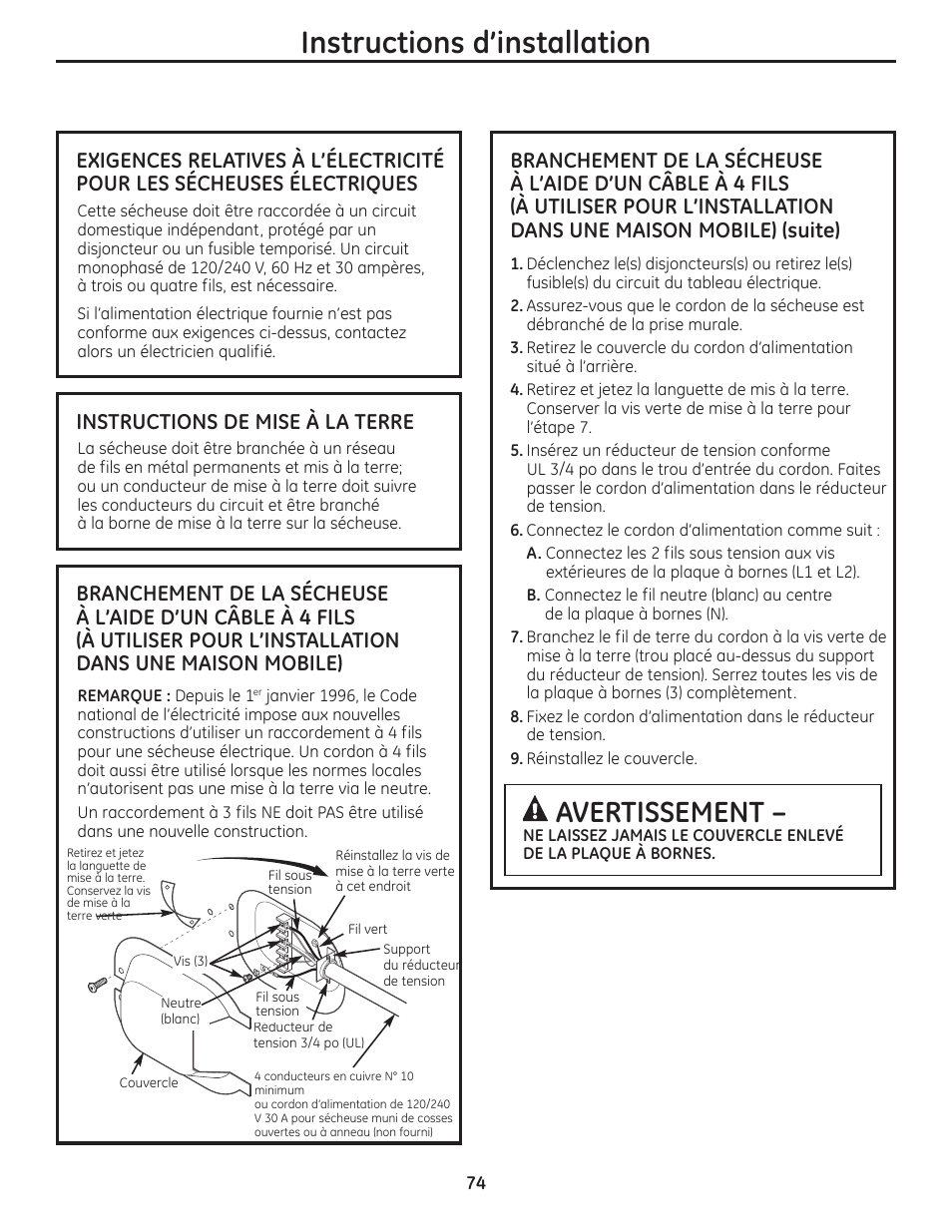 Instructions d’installation, Avertissement, Instructions de mise à la terre | GE PFMN445 User Manual | Page 74 / 156