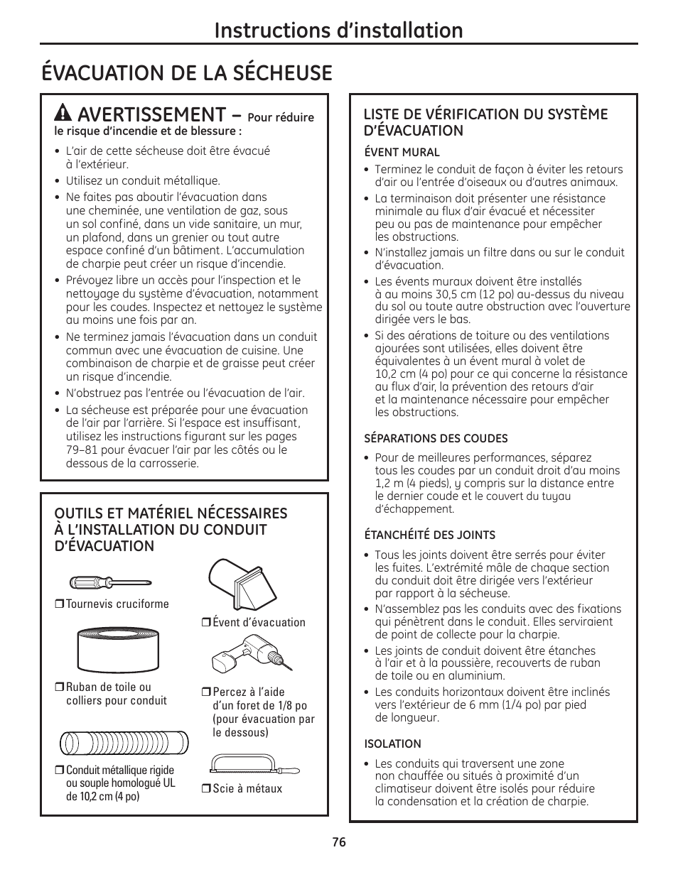 Instructions d’installation, Évacuation de la sécheuse, Avertissement | GE PFMN445 User Manual | Page 76 / 156