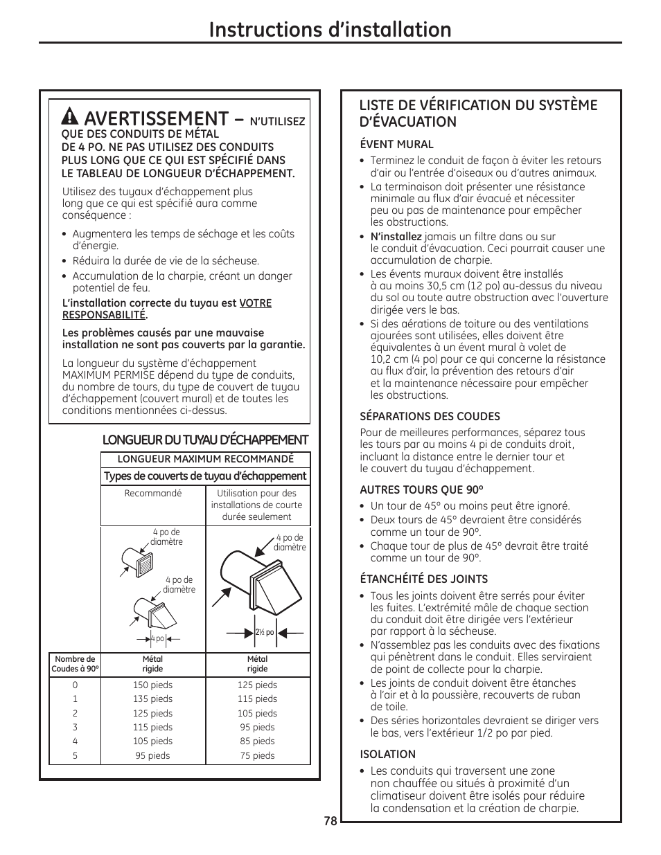Instructions d’installation, Avertissement, Liste de vérification du système d’évacuation | Longueur du tuyau d’échappement | GE PFMN445 User Manual | Page 78 / 156