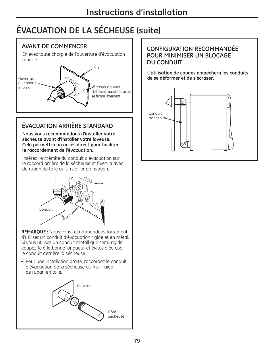 Avant de commencer, Évacuation arrière standard | GE PFMN445 User Manual | Page 79 / 156