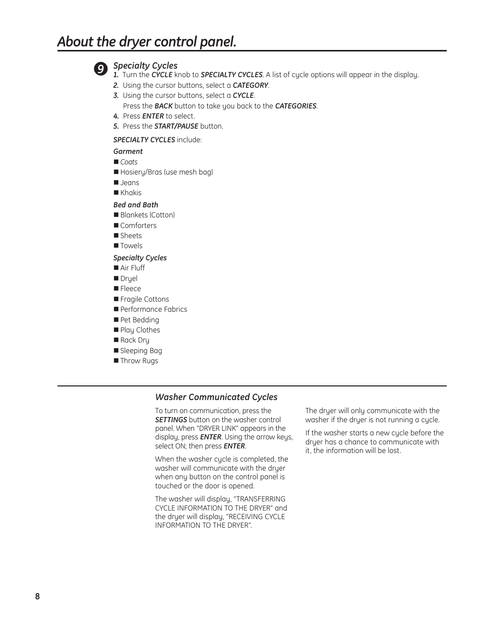 About the dryer control panel | GE PFMN445 User Manual | Page 8 / 156