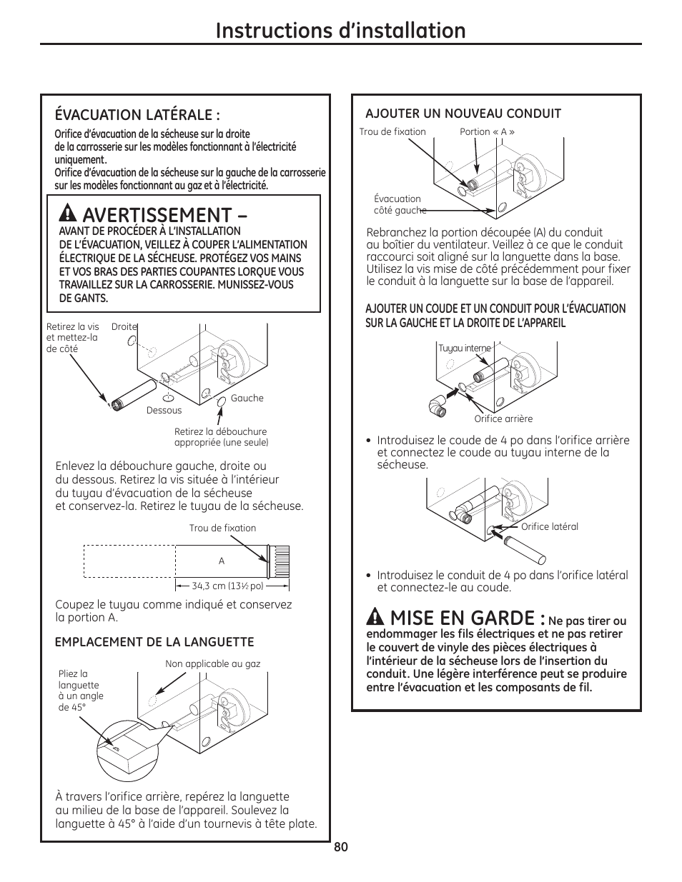Instructions d’installation, Avertissement, Mise en garde | Évacuation latérale | GE PFMN445 User Manual | Page 80 / 156