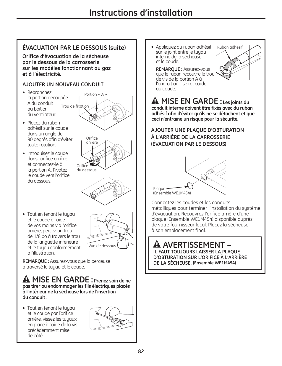 Instructions d’installation, Avertissement, Mise en garde | Évacuation par le dessous (suite) | GE PFMN445 User Manual | Page 82 / 156