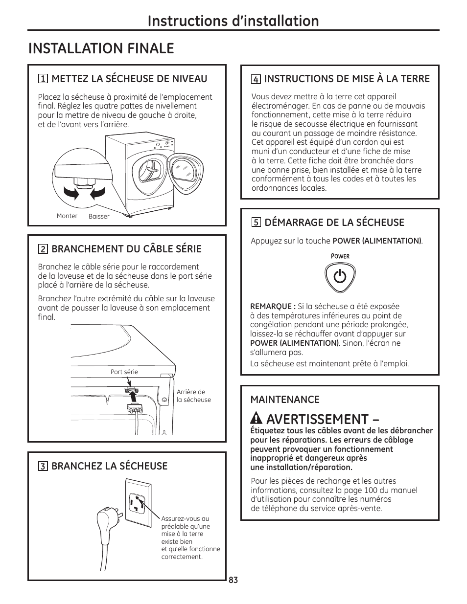 Installation finale, Instructions d’installation, Avertissement | GE PFMN445 User Manual | Page 83 / 156