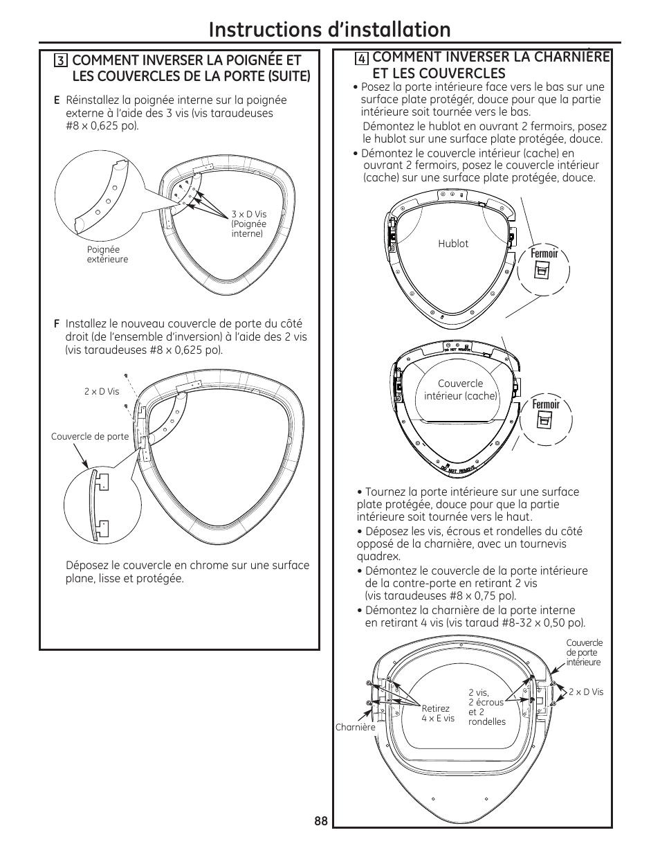 Instructions d’installation, Comment inverser la charnière et les couvercles | GE PFMN445 User Manual | Page 88 / 156