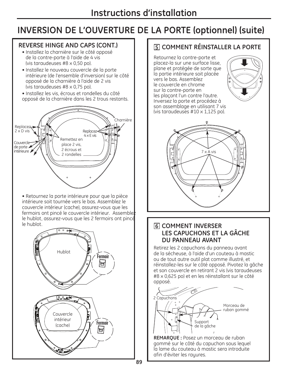 Reverse hinge and caps (cont.), Comment réinstaller la porte | GE PFMN445 User Manual | Page 89 / 156