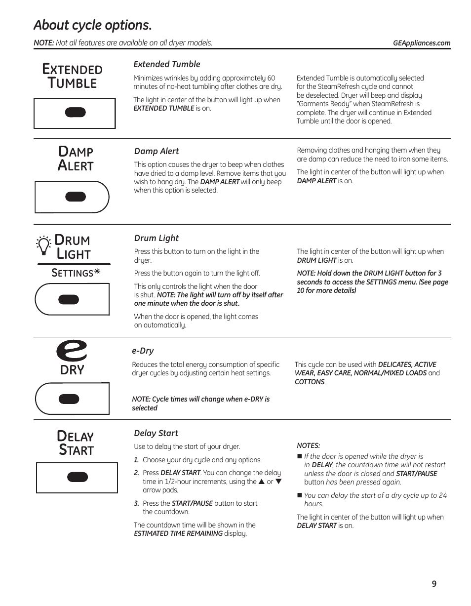 Cycle options , 10, About cycle options, Umble | Xtended, Lert, Ight | GE PFMN445 User Manual | Page 9 / 156