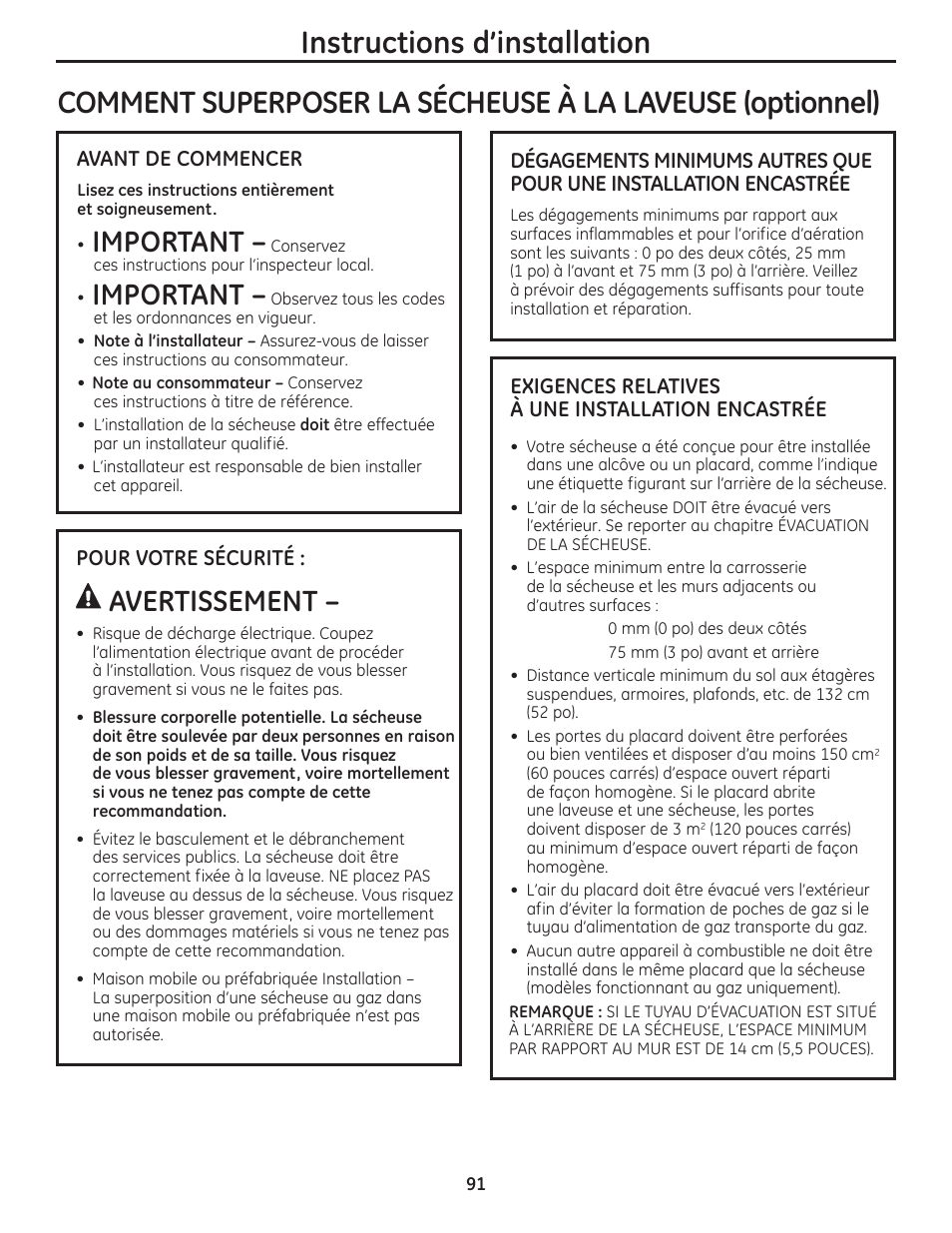 Superposer la sécheuse, À la laveuse –93, Instructions d’installation | Important, Avertissement | GE PFMN445 User Manual | Page 91 / 156