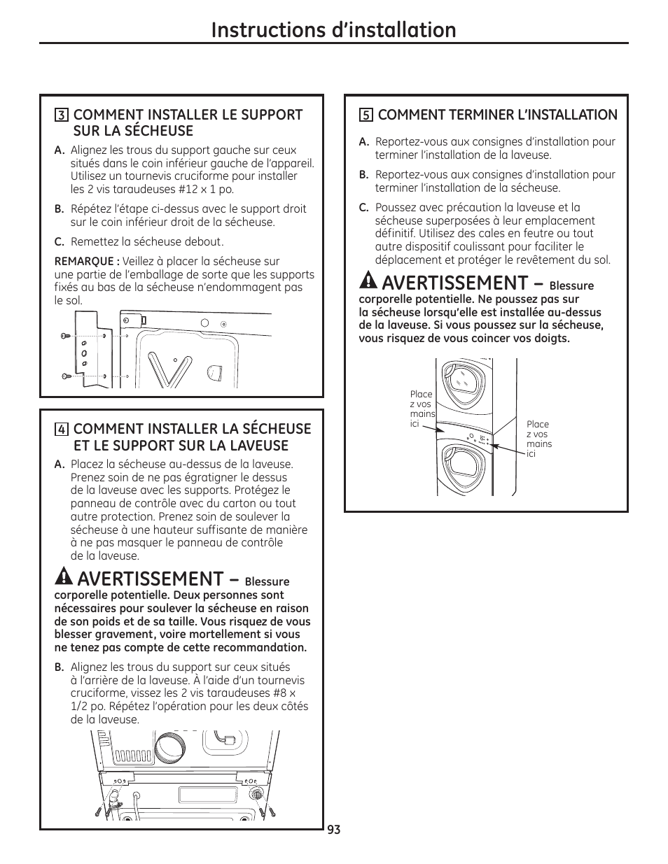 Instructions d’installation, Avertissement | GE PFMN445 User Manual | Page 93 / 156