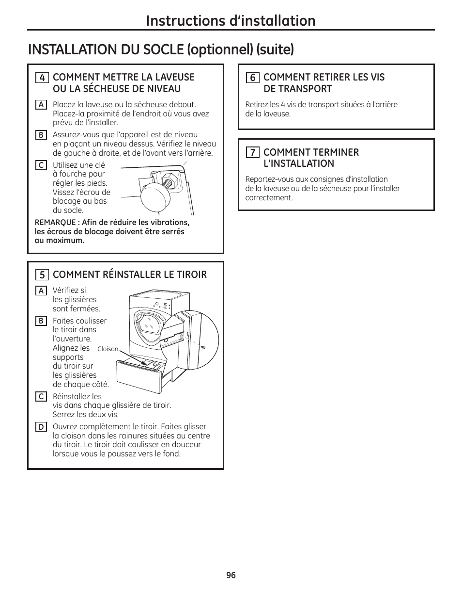 Instructions d’installation, Installation du socle (optionnel) (suite) | GE PFMN445 User Manual | Page 96 / 156