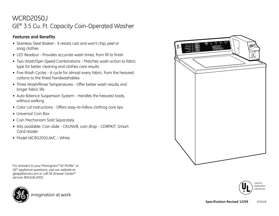 Wcrd2050j, 5 cu. ft. capacity coin-operated washer | GE WCRD2050D User Manual | Page 2 / 2